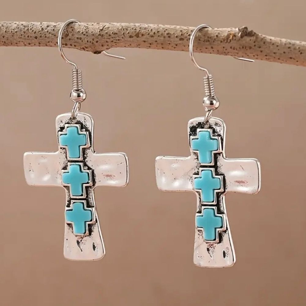 Silver Plated Turqouise Cross Earrings